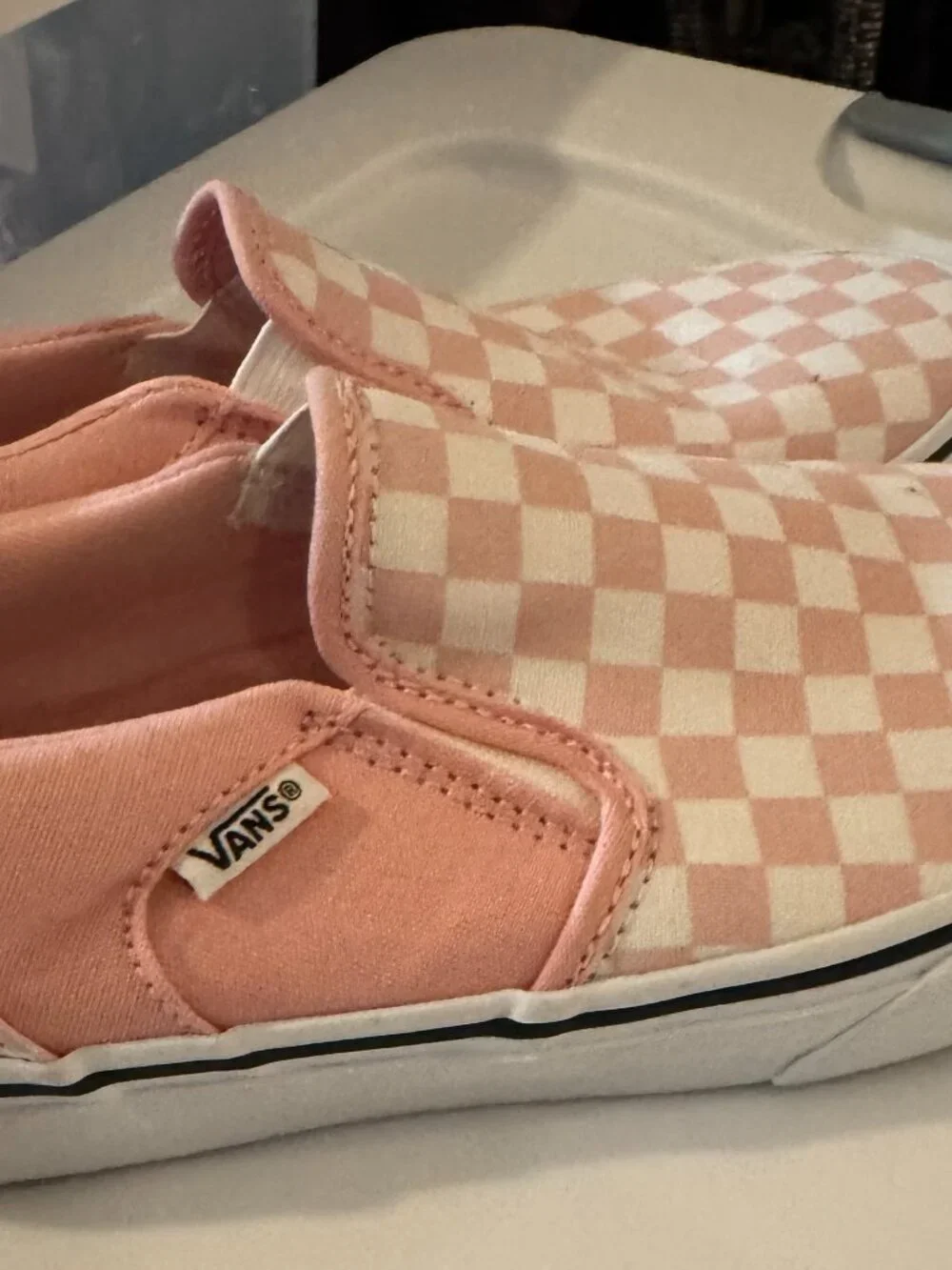 Vans Girls' Missy Pink/White Checkerboard Pattern Slip-Ons, Girls' 4, Never Worn - Picture 2 of 8